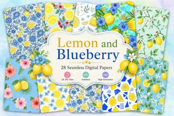 Download Lemon and Blueberry Seamless Patterns - Blue Collection