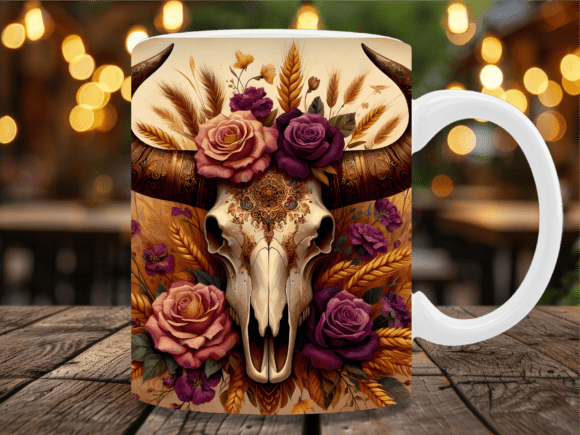 Download Rustic Rose Bull Skull Wheat Mug Wrap - Rustic rose Collection