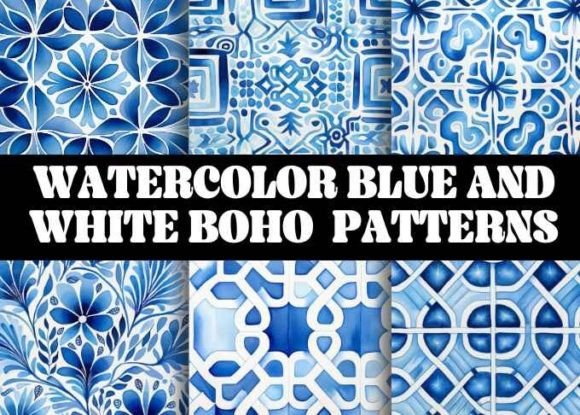 Download Watercolor Blue and White Boho Patterns - Blue Collection